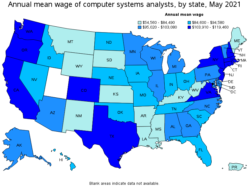 Map of annual mean wages of computer systems analysts by state, May 2021