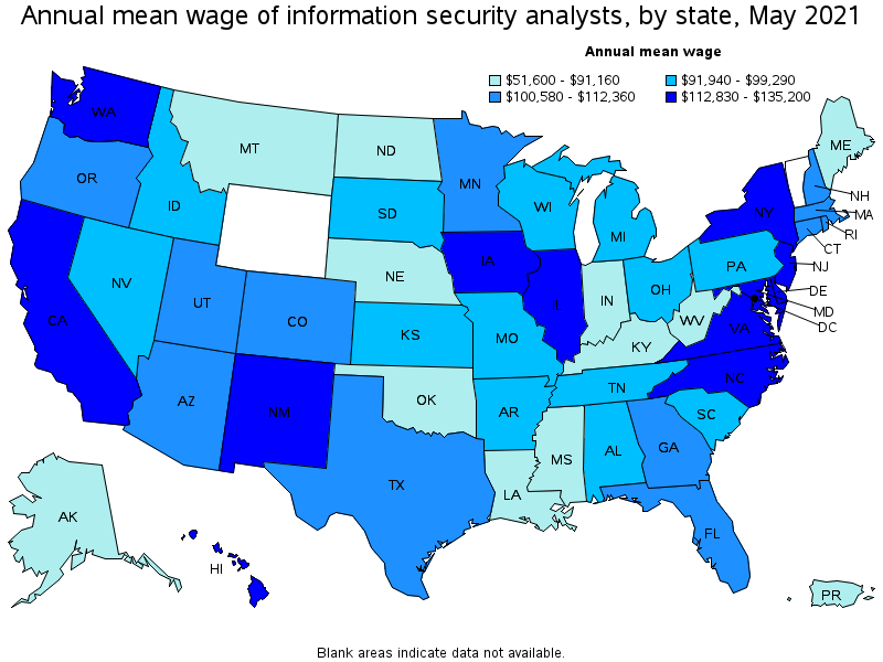 Map of annual mean wages of information security analysts by state, May 2021