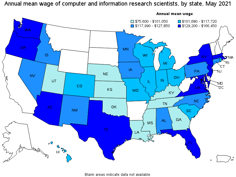 Map of annual mean wages of computer and information research scientists by state, May 2021
