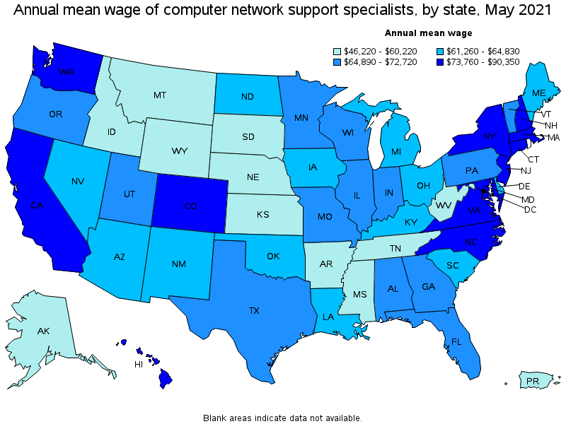 Map of annual mean wages of computer network support specialists by state, May 2021
