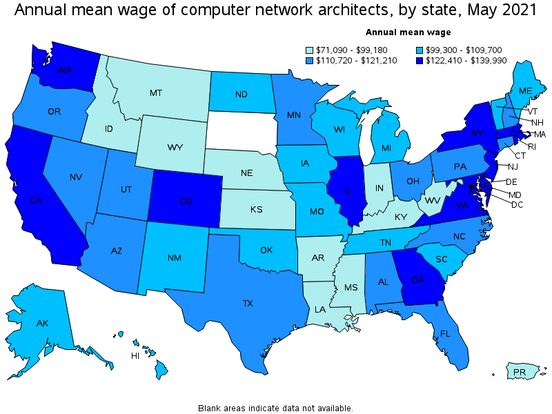 Map of annual mean wages of computer network architects by state, May 2021