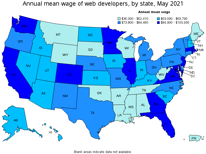 Map of annual mean wages of web developers by state, May 2021