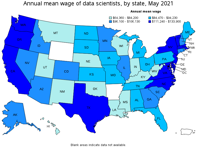 Map of annual mean wages of data scientists by state, May 2021