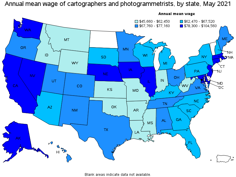 Map of annual mean wages of cartographers and photogrammetrists by state, May 2021
