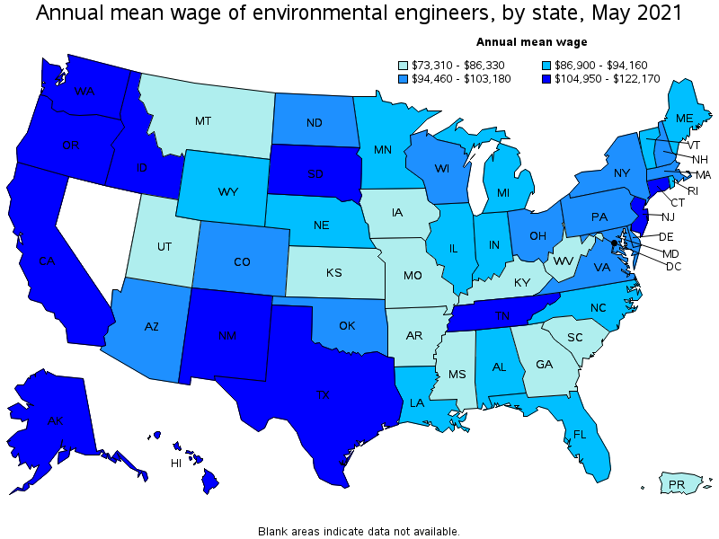 Map of annual mean wages of environmental engineers by state, May 2021