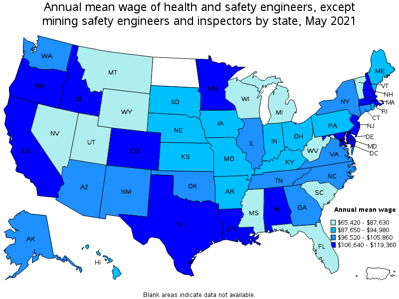 Map of annual mean wages of health and safety engineers, except mining safety engineers and inspectors by state, May 2021