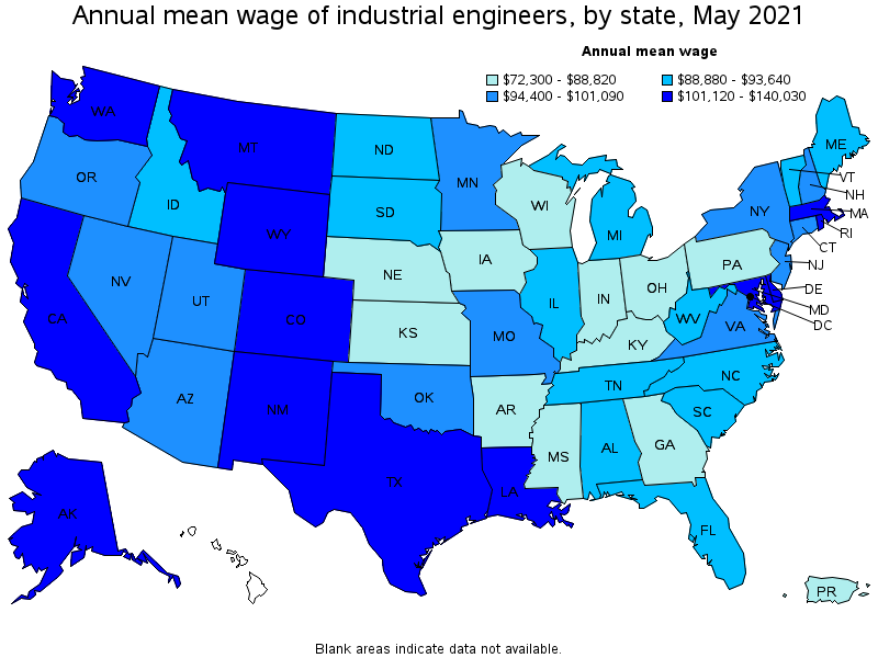 Map of annual mean wages of industrial engineers by state, May 2021