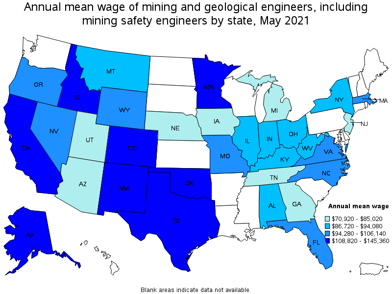 Map of annual mean wages of mining and geological engineers, including mining safety engineers by state, May 2021