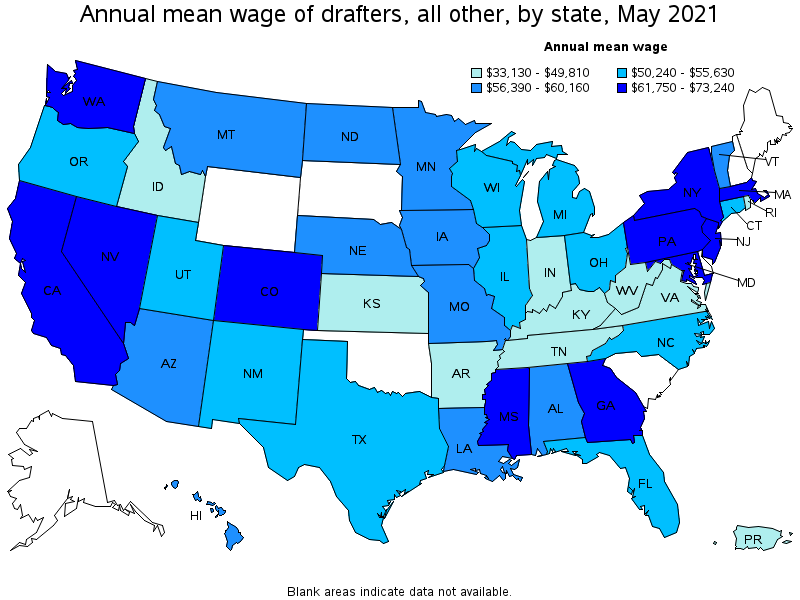 Map of annual mean wages of drafters, all other by state, May 2021