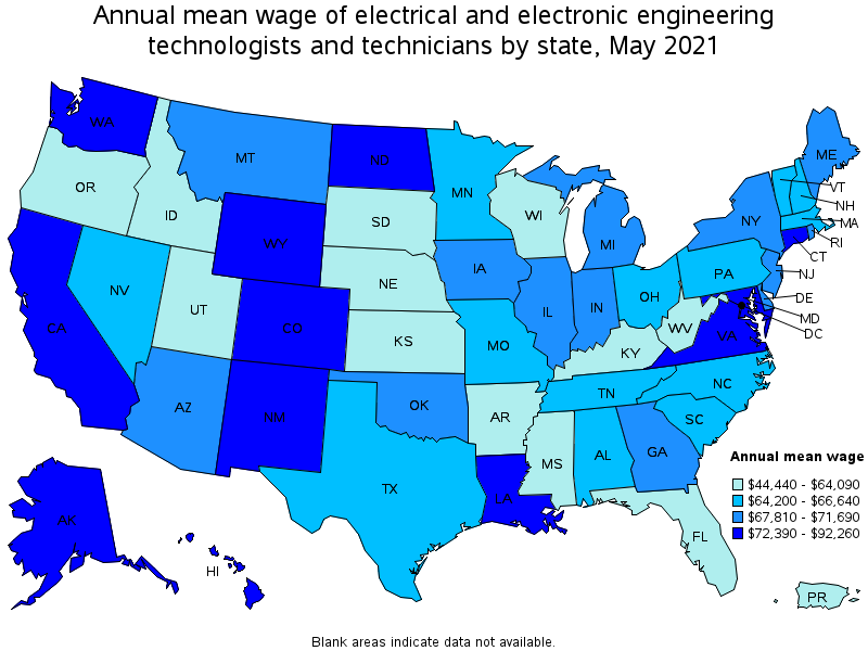 Map of annual mean wages of electrical and electronic engineering technologists and technicians by state, May 2021