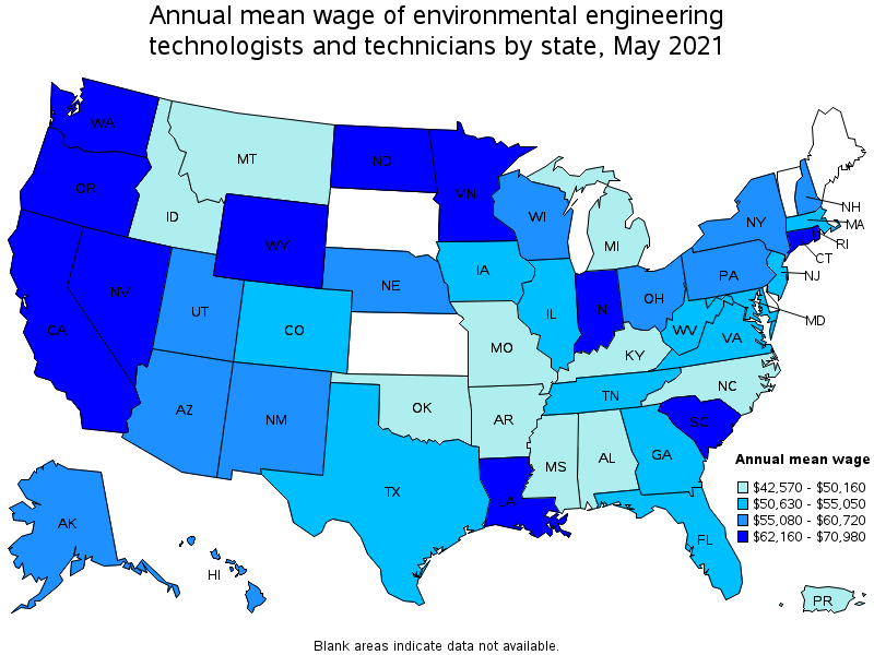 Map of annual mean wages of environmental engineering technologists and technicians by state, May 2021
