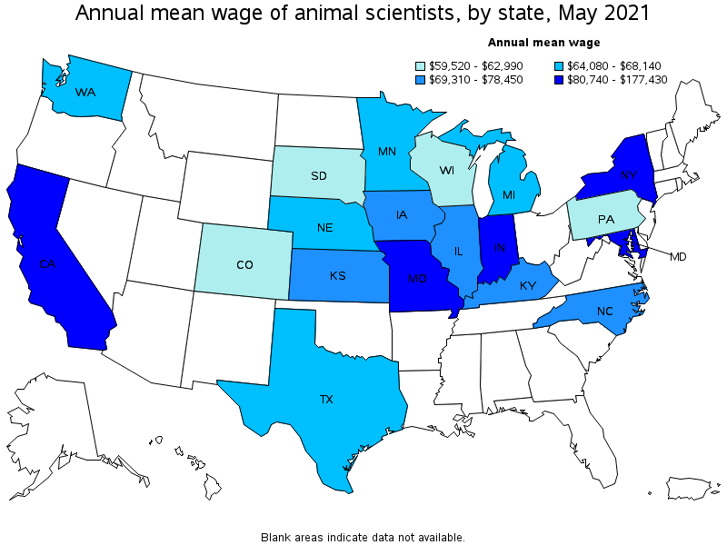 Map of annual mean wages of animal scientists by state, May 2021