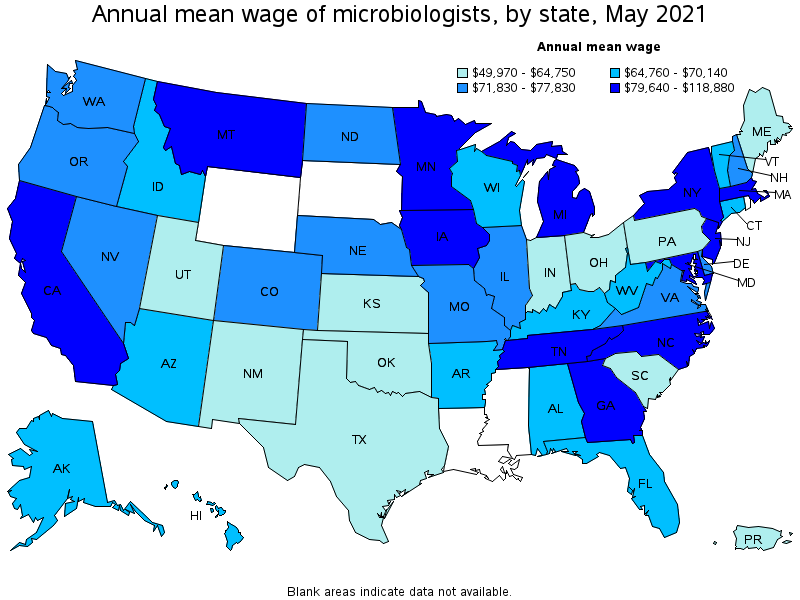 Map of annual mean wages of microbiologists by state, May 2021