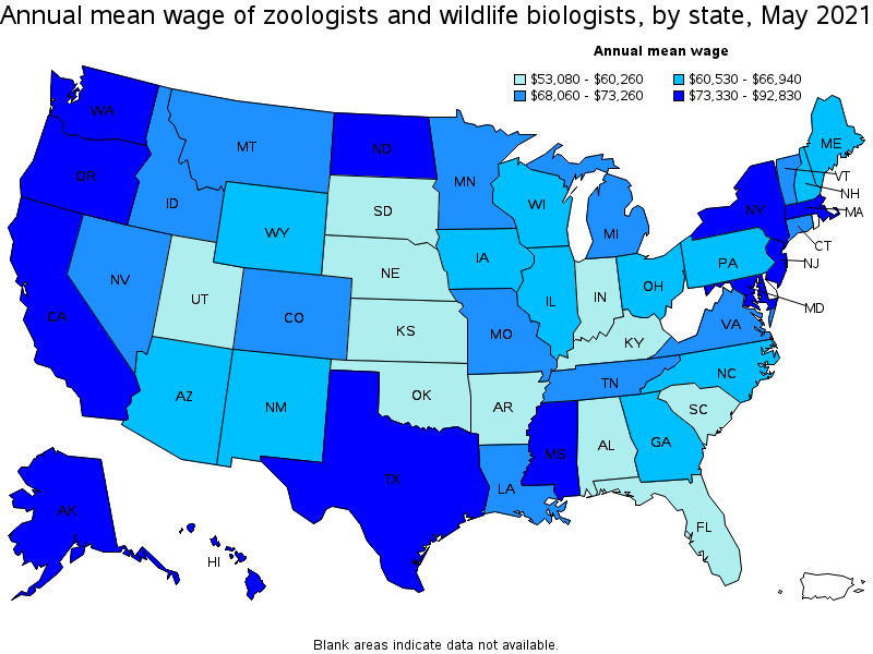 Map of annual mean wages of zoologists and wildlife biologists by state, May 2021