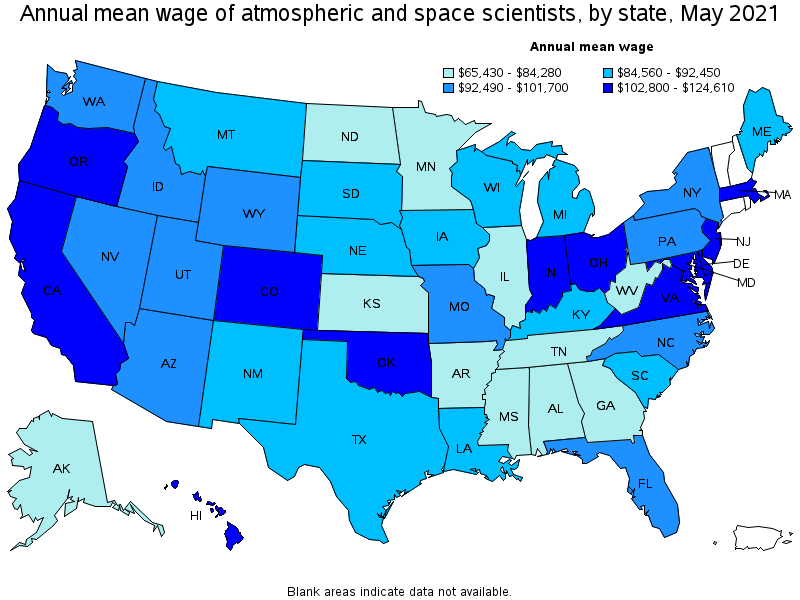 Map of annual mean wages of atmospheric and space scientists by state, May 2021