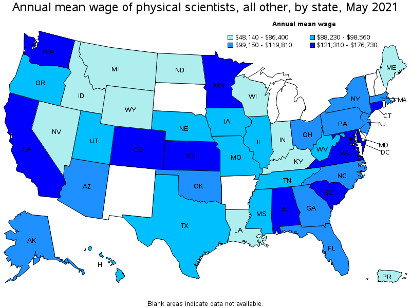 Map of annual mean wages of physical scientists, all other by state, May 2021