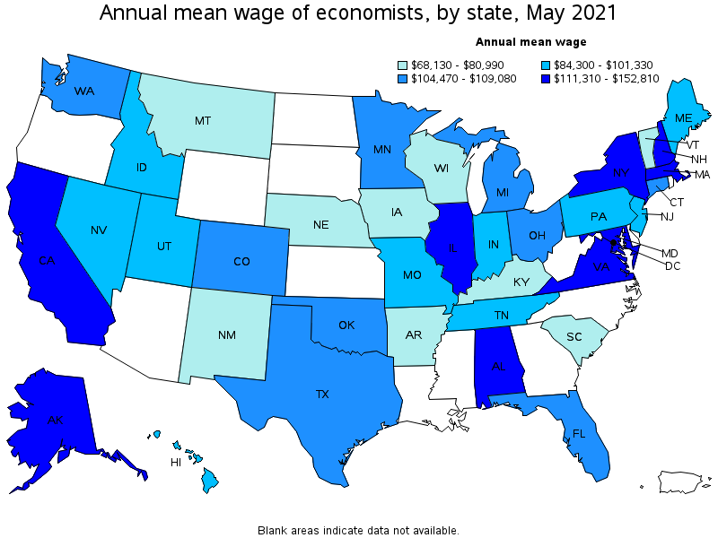 Map of annual mean wages of economists by state, May 2021