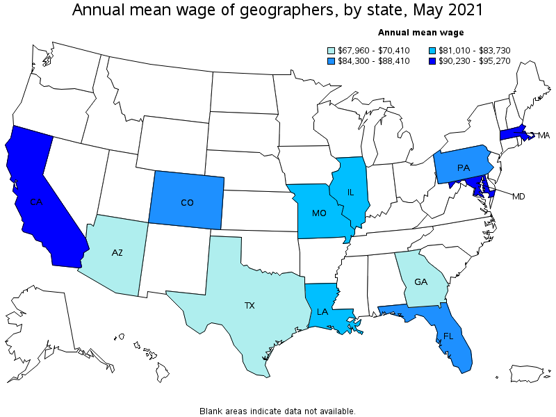 Map of annual mean wages of geographers by state, May 2021