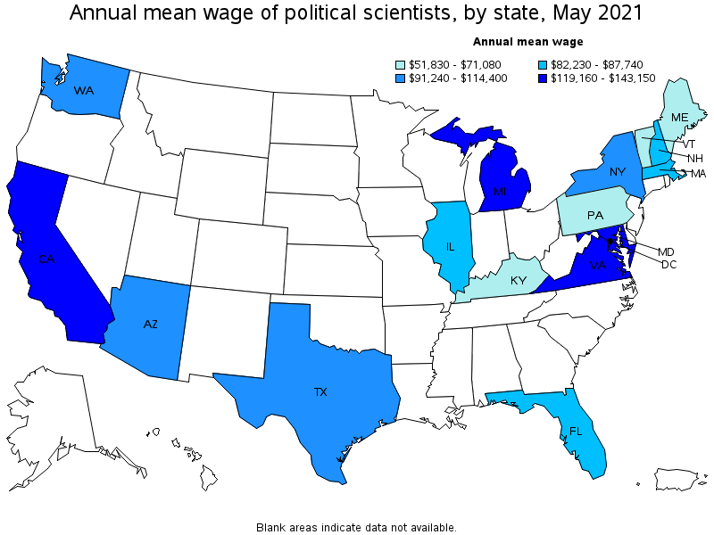 Map of annual mean wages of political scientists by state, May 2021