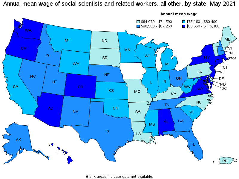 Map of annual mean wages of social scientists and related workers, all other by state, May 2021