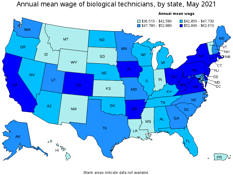 Map of annual mean wages of biological technicians by state, May 2021