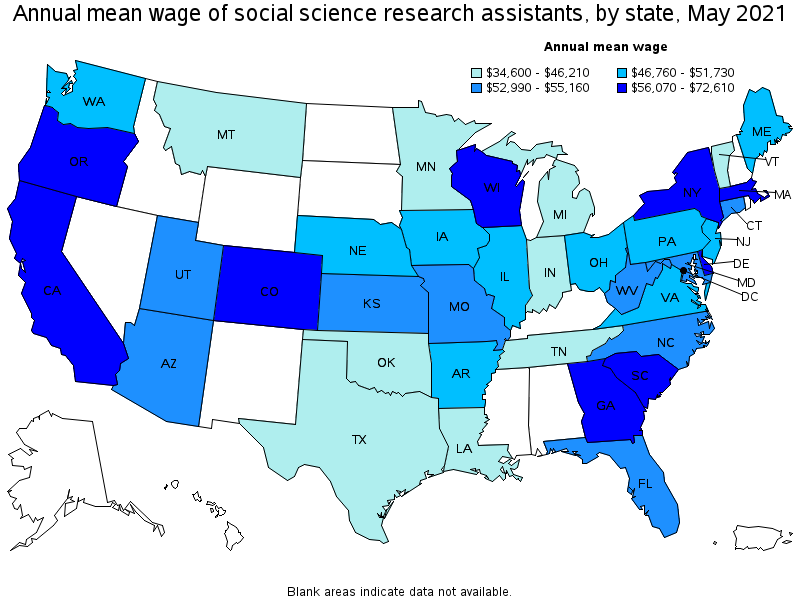 Map of annual mean wages of social science research assistants by state, May 2021