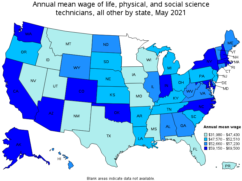 Map of annual mean wages of life, physical, and social science technicians, all other by state, May 2021