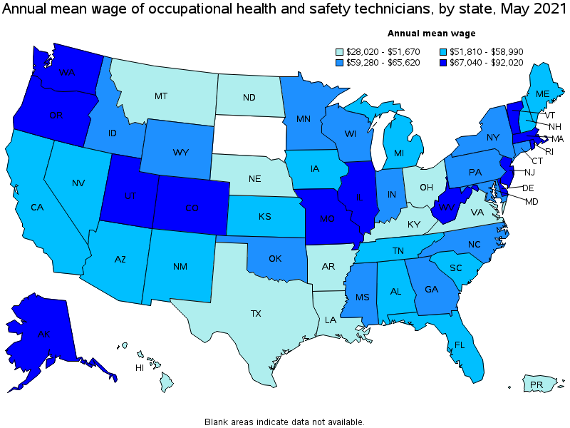 Map of annual mean wages of occupational health and safety technicians by state, May 2021