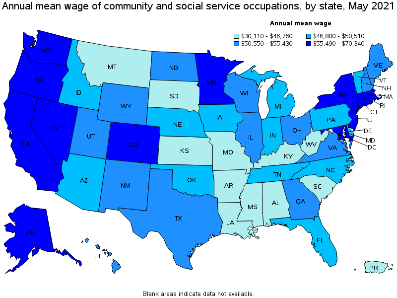Map of annual mean wages of community and social service occupations by state, May 2021