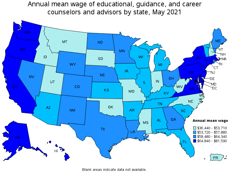 Map of annual mean wages of educational, guidance, and career counselors and advisors by state, May 2021