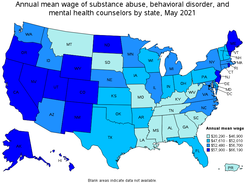 Map of annual mean wages of substance abuse, behavioral disorder, and mental health counselors by state, May 2021