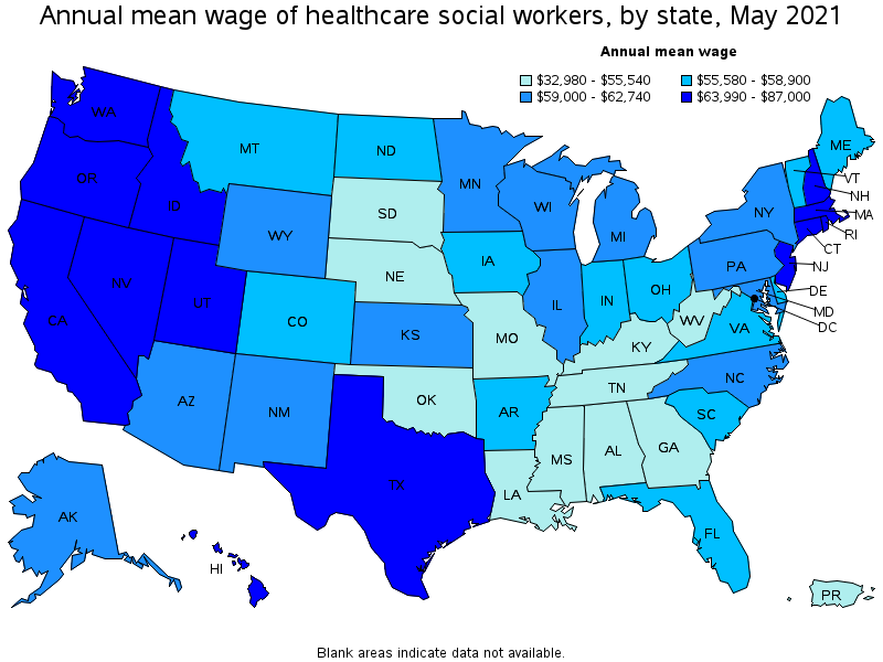 Map of annual mean wages of healthcare social workers by state, May 2021