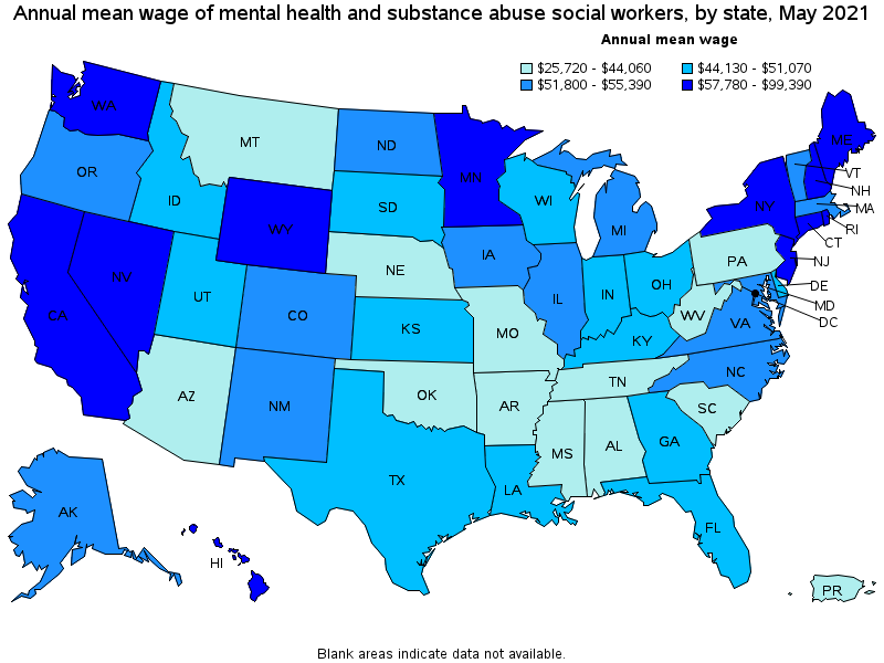 Map of annual mean wages of mental health and substance abuse social workers by state, May 2021