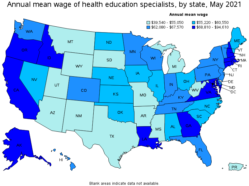 Map of annual mean wages of health education specialists by state, May 2021