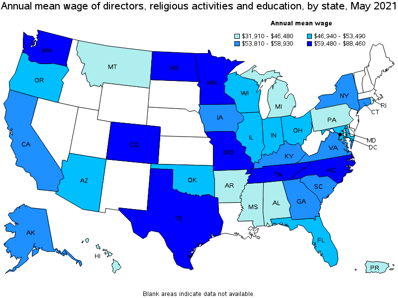 Map of annual mean wages of directors, religious activities and education by state, May 2021