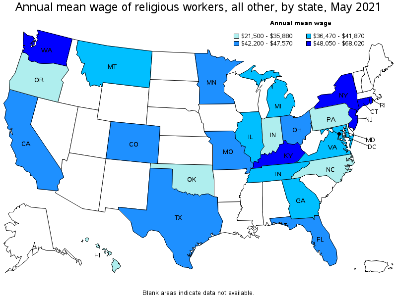 Map of annual mean wages of religious workers, all other by state, May 2021