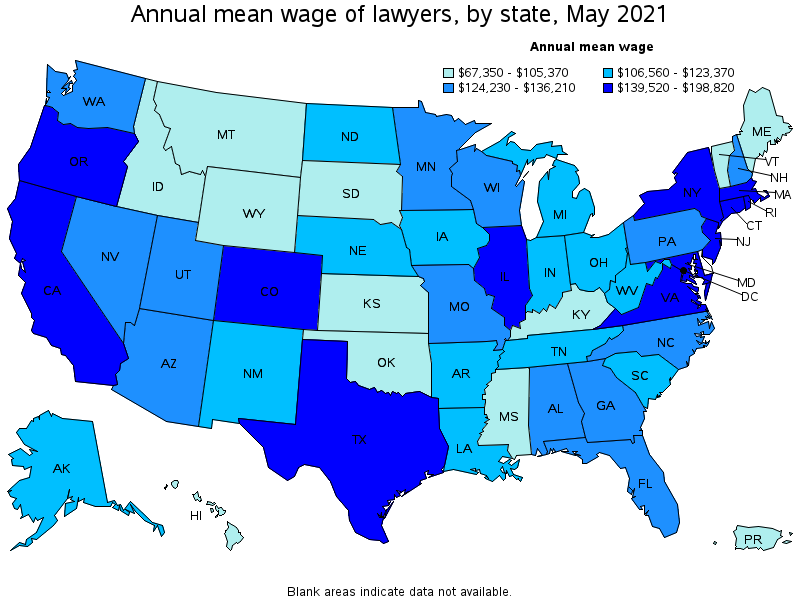 Map of annual mean wages of lawyers by state, May 2021