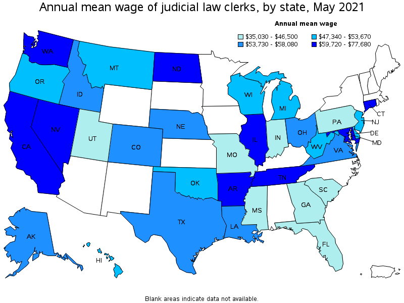 Map of annual mean wages of judicial law clerks by state, May 2021