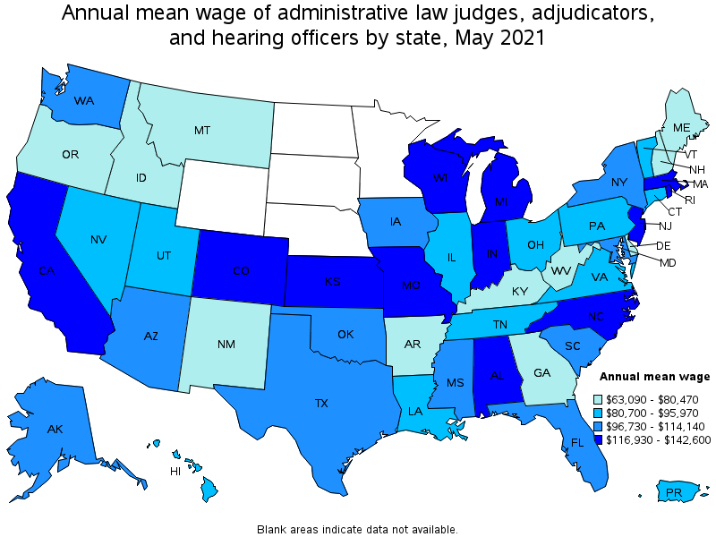 Map of annual mean wages of administrative law judges, adjudicators, and hearing officers by state, May 2021