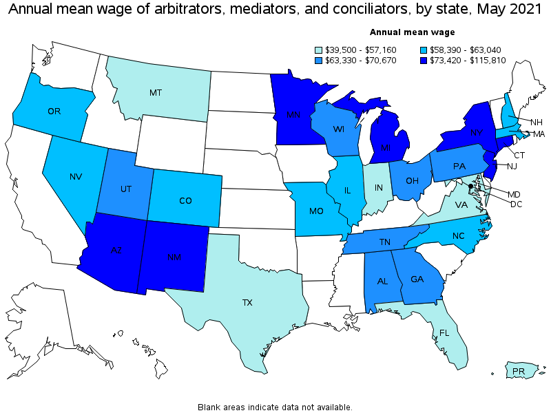 Map of annual mean wages of arbitrators, mediators, and conciliators by state, May 2021