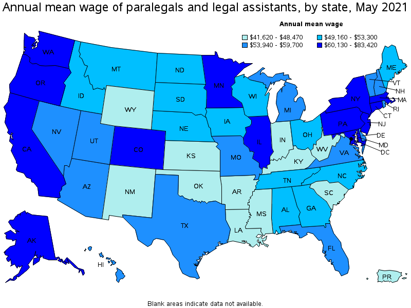 Map of annual mean wages of paralegals and legal assistants by state, May 2021