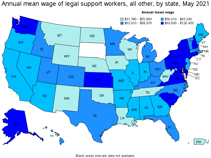 Map of annual mean wages of legal support workers, all other by state, May 2021
