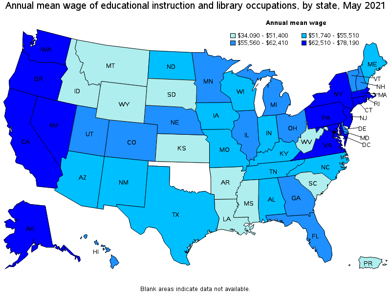 Map of annual mean wages of educational instruction and library occupations by state, May 2021