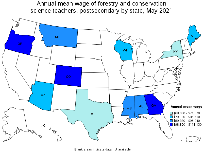 Map of annual mean wages of forestry and conservation science teachers, postsecondary by state, May 2021