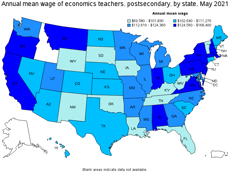 Map of annual mean wages of economics teachers, postsecondary by state, May 2021
