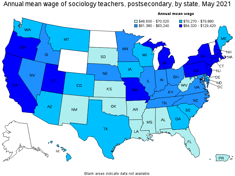 Map of annual mean wages of sociology teachers, postsecondary by state, May 2021