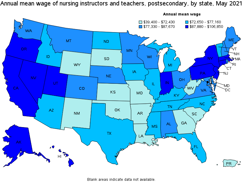 Map of annual mean wages of nursing instructors and teachers, postsecondary by state, May 2021