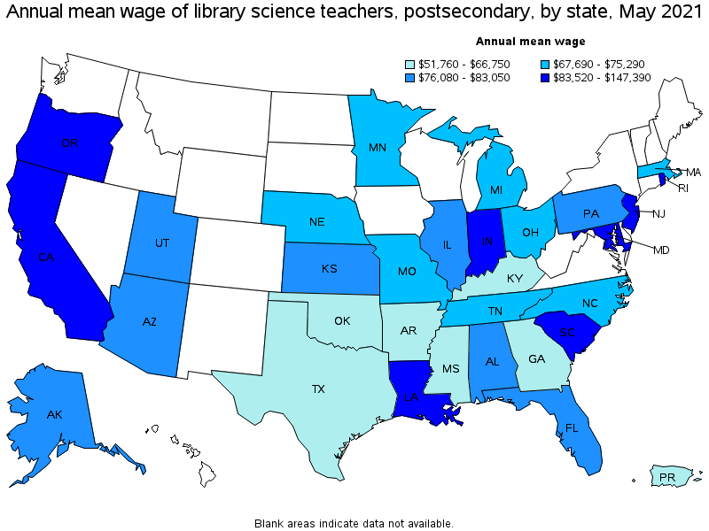 Map of annual mean wages of library science teachers, postsecondary by state, May 2021