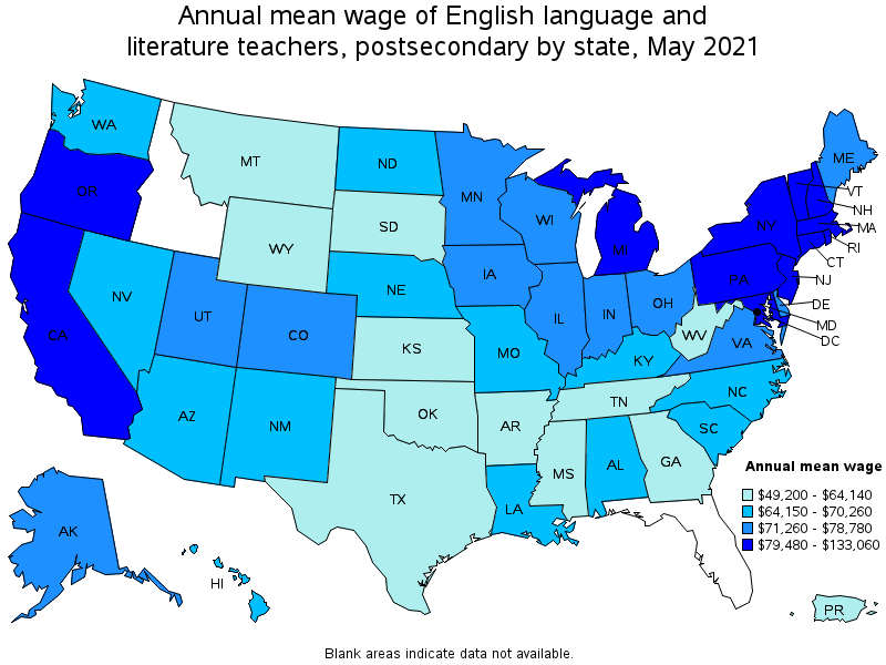 Map of annual mean wages of english language and literature teachers, postsecondary by state, May 2021