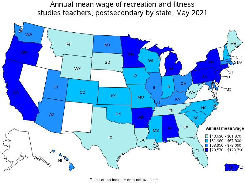 Map of annual mean wages of recreation and fitness studies teachers, postsecondary by state, May 2021